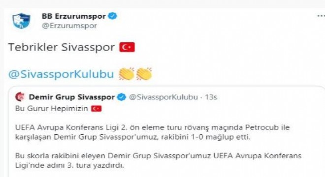 Erzurumspor’dan Sivasspor’a tebrik