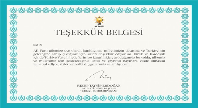 AK Parti’den üyelere teşekkür belgesi