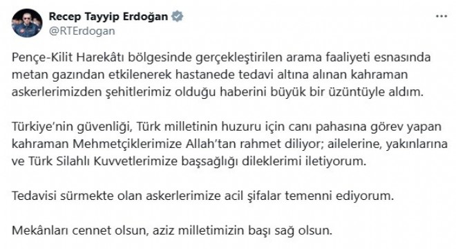Erdoğan’dan şehitler için taziye mesajı