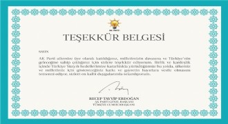 AK Parti’den üyelere teşekkür belgesi