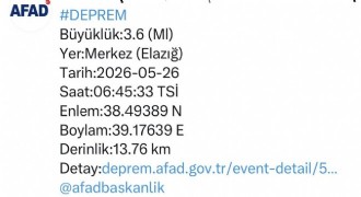 Elazığ’da 3.6 büyüklüğünde deprem